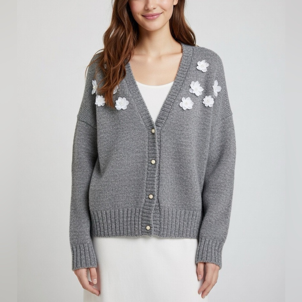 C&C California charcoal gray knit cardigan with floral appliques XL
